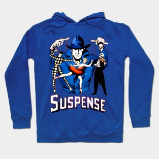 Suspense of the mystery man pulls the strings of destiny. Harlequin puppets, classical dancer and death playing the violin. Retro Vintage Comic Book Hoodie